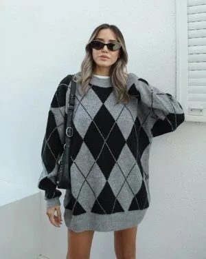 Pull À Carreaux Gris/Noir