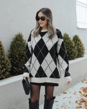 Pull A Carreaux Noir/Blanc Cassé